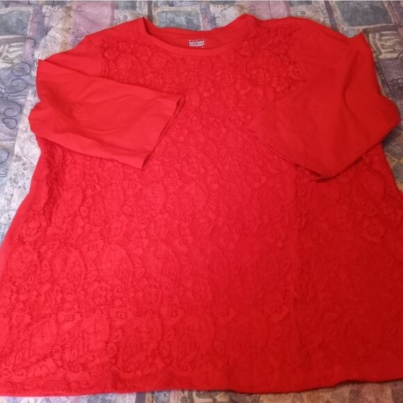 Basic Editions Plus Size 2X Red Lined Lace 3/4 Sleeve Women's Top - Picture 1 of 7